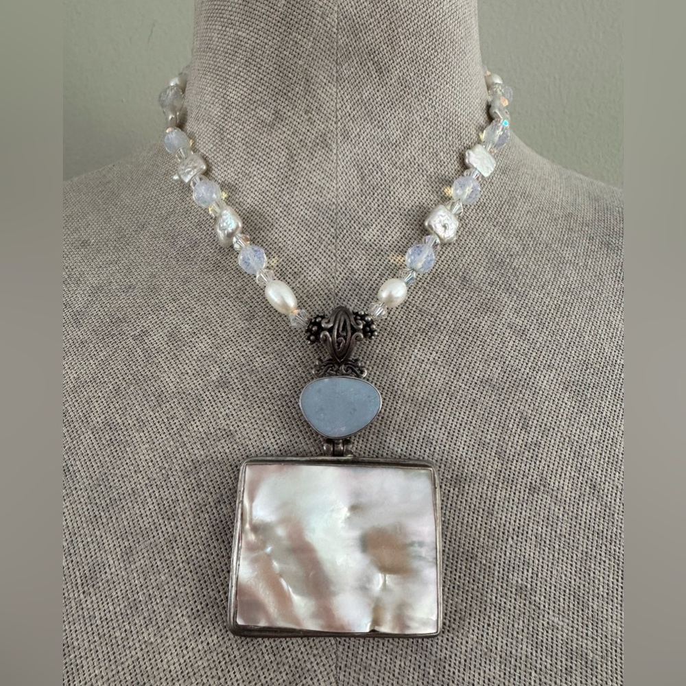 Art Nouveau Large Mother of Pearl and Australian Opal Pendant 925 FNA Silver